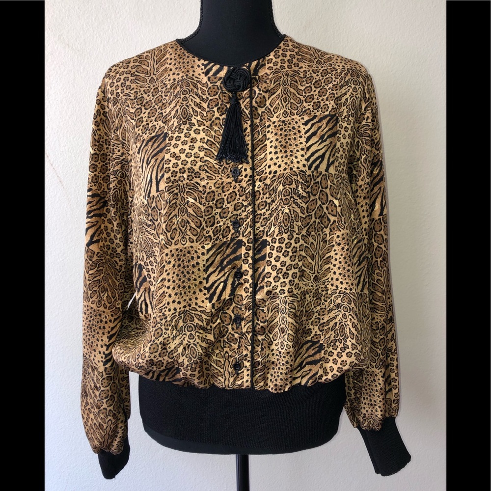 Vintage '80s/'90s Leopard Animal Print Silky Blouson Blouse Banded Waist Large